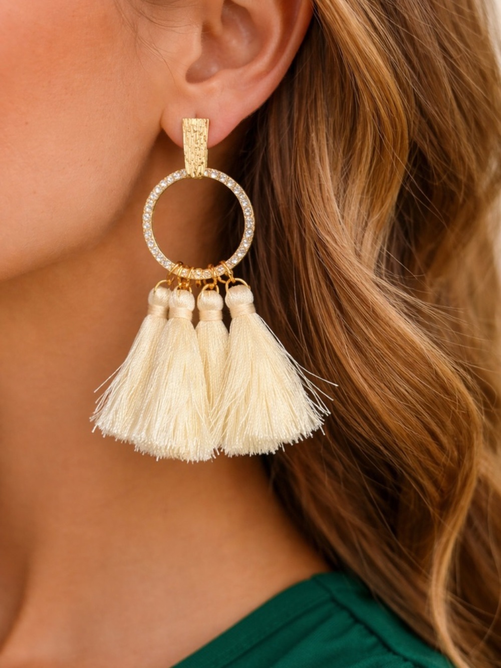 Ashlyn Rose Gold Rhinestone Hoop Tassel Earrings Cream Statement Boho